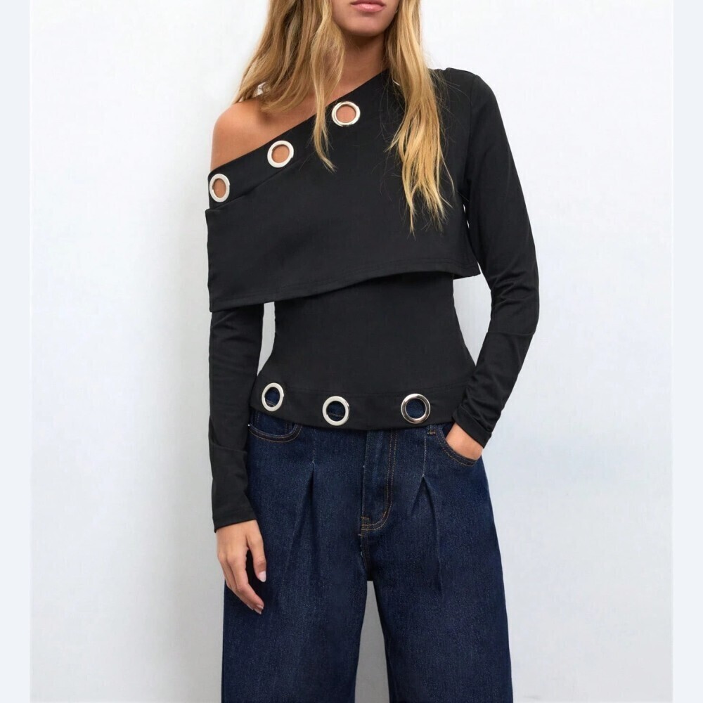Black Grommet Trim Asymmetric Off Shoulder Long Sleeve Tee